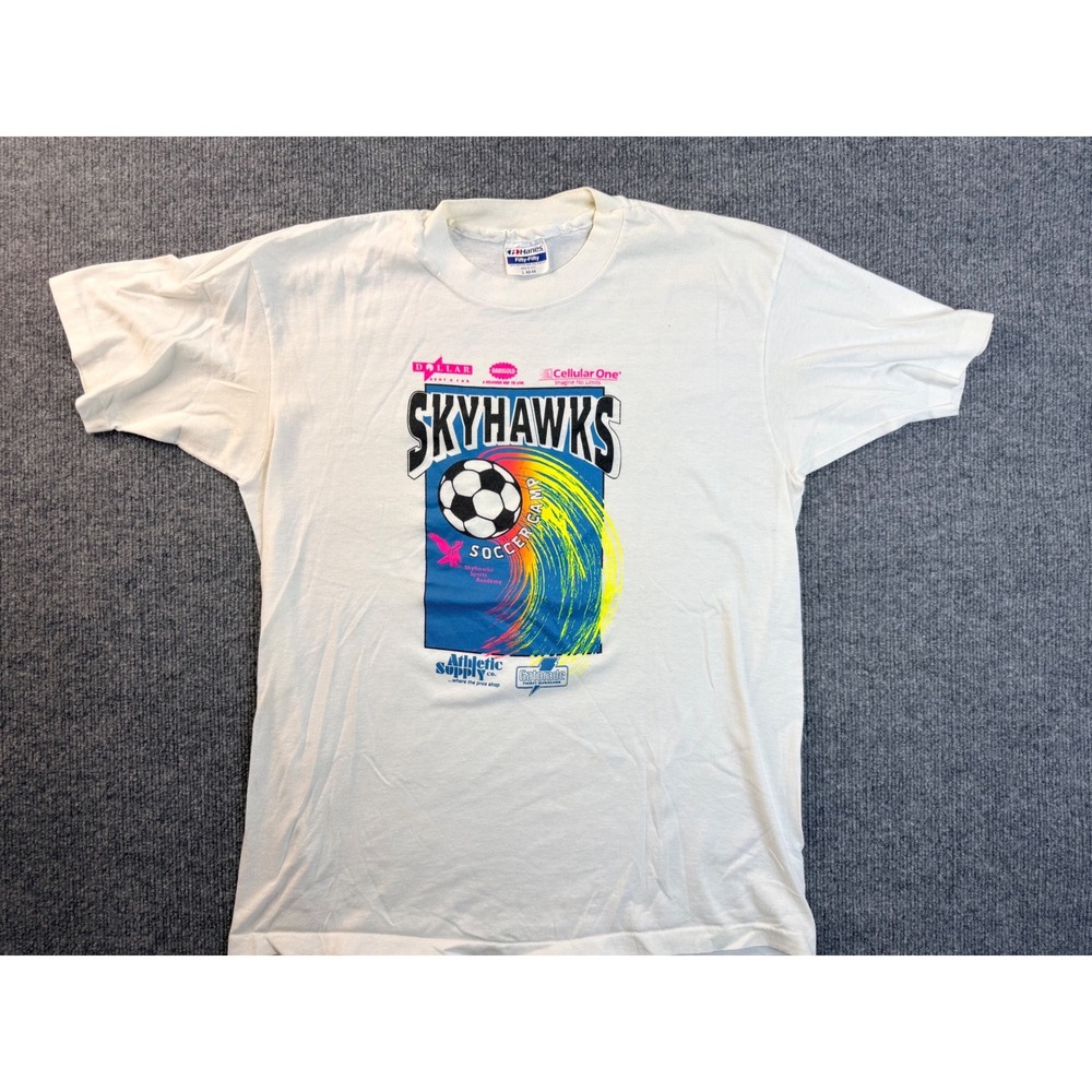 Vintage Hanes Skyhawks Soccer Camp T Shirt Large White 90s USA Graphic Tee Stain